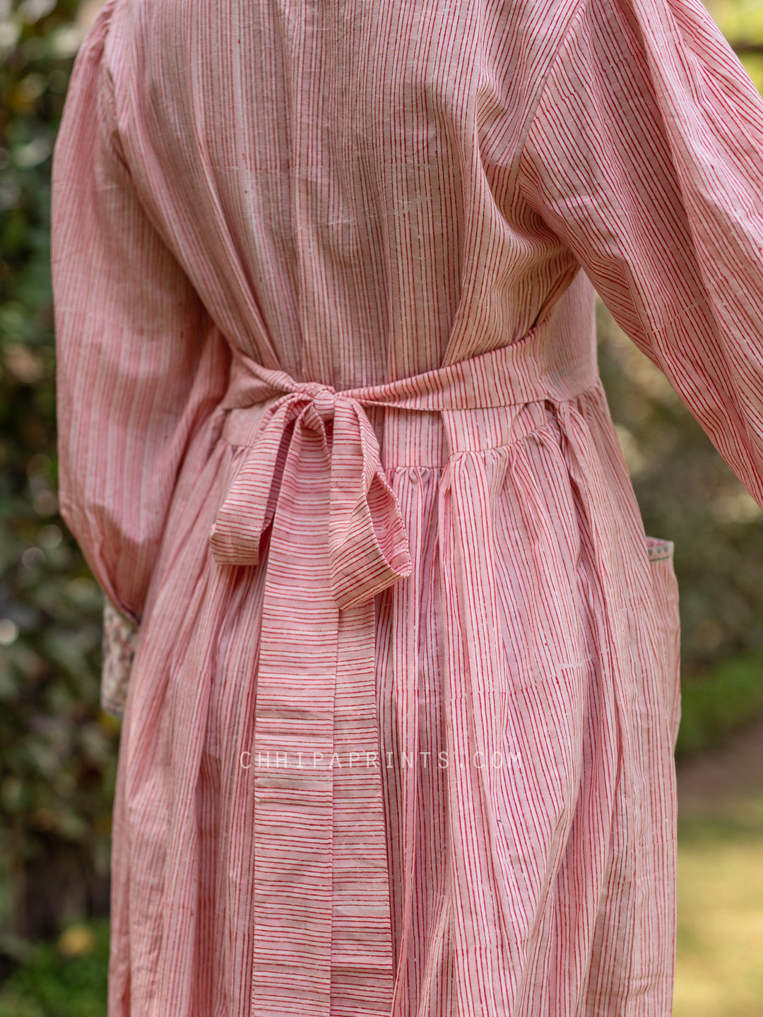 Cotton Stripes Gather Pocket Dress Pink