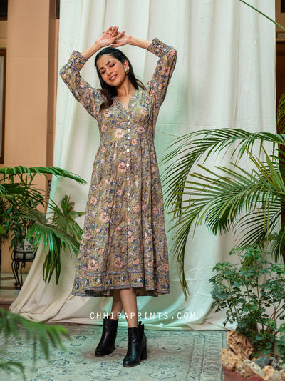 Cotton Jaal Printed Tier Dress Olive Green