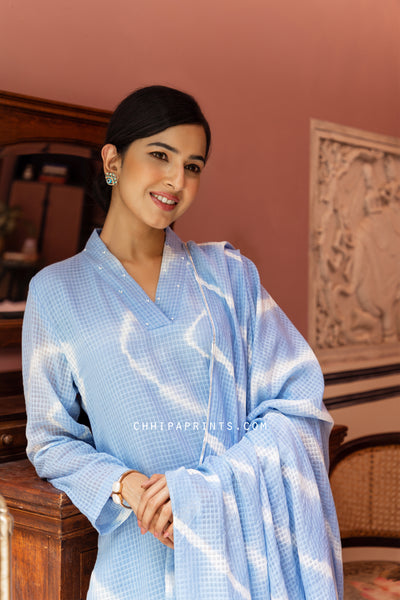 Cotton Jalebi Tie Dye Suit Set in Powder Blue