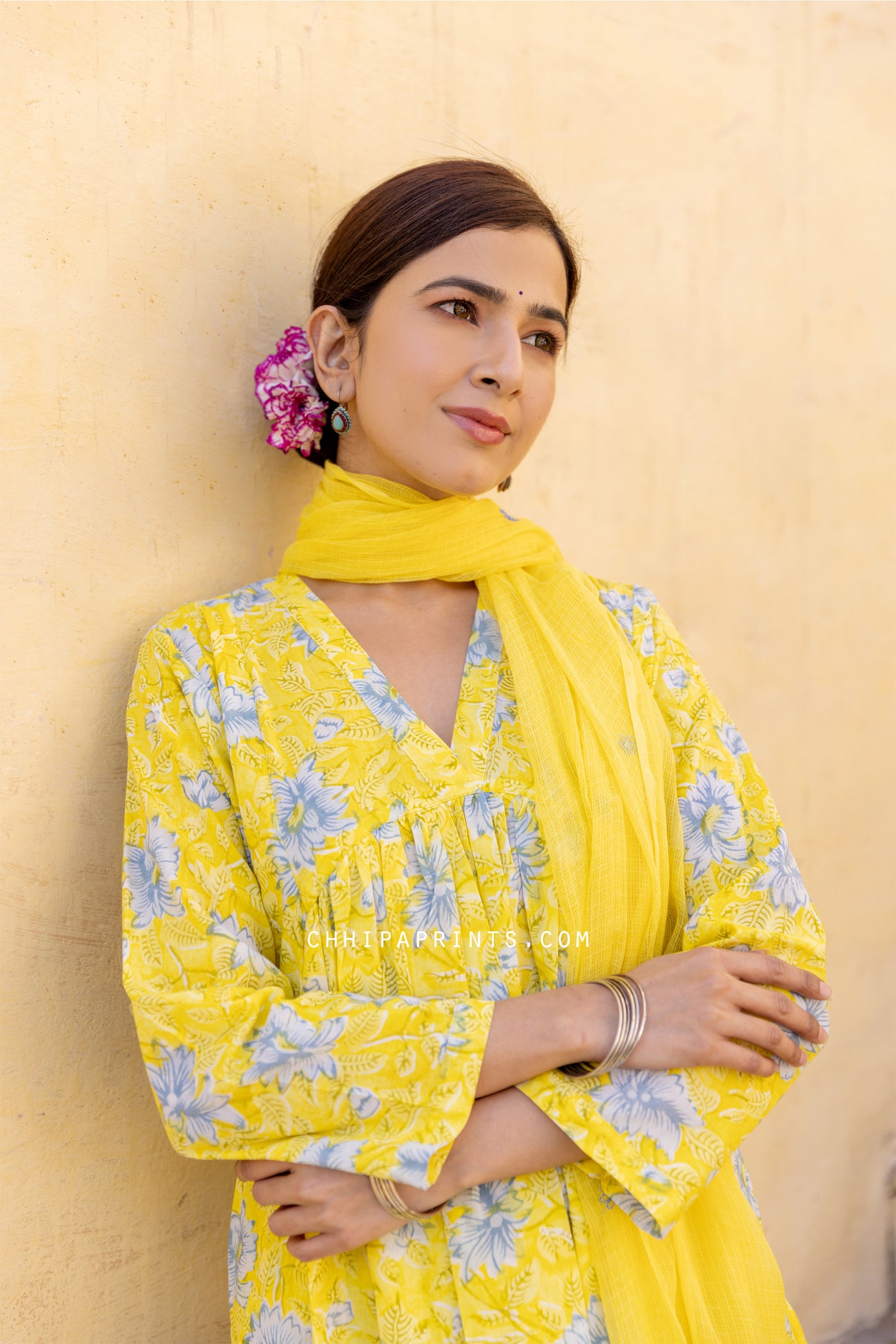 Cotton Block Print Front Gather Suit Set in Sulphur Yellow (Set of 3)