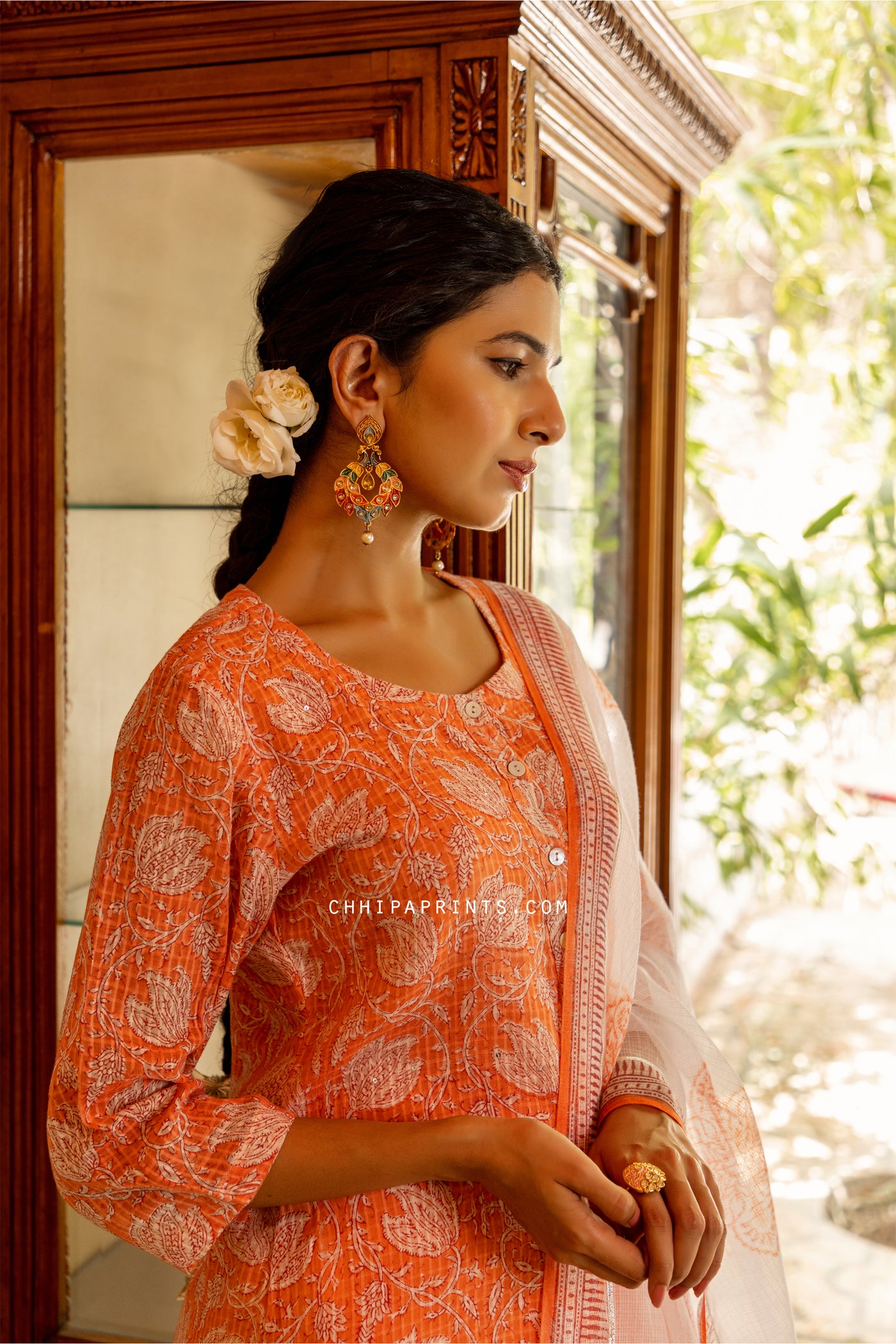 Cotton Dobby Gud Jaal Suit Set in Peach