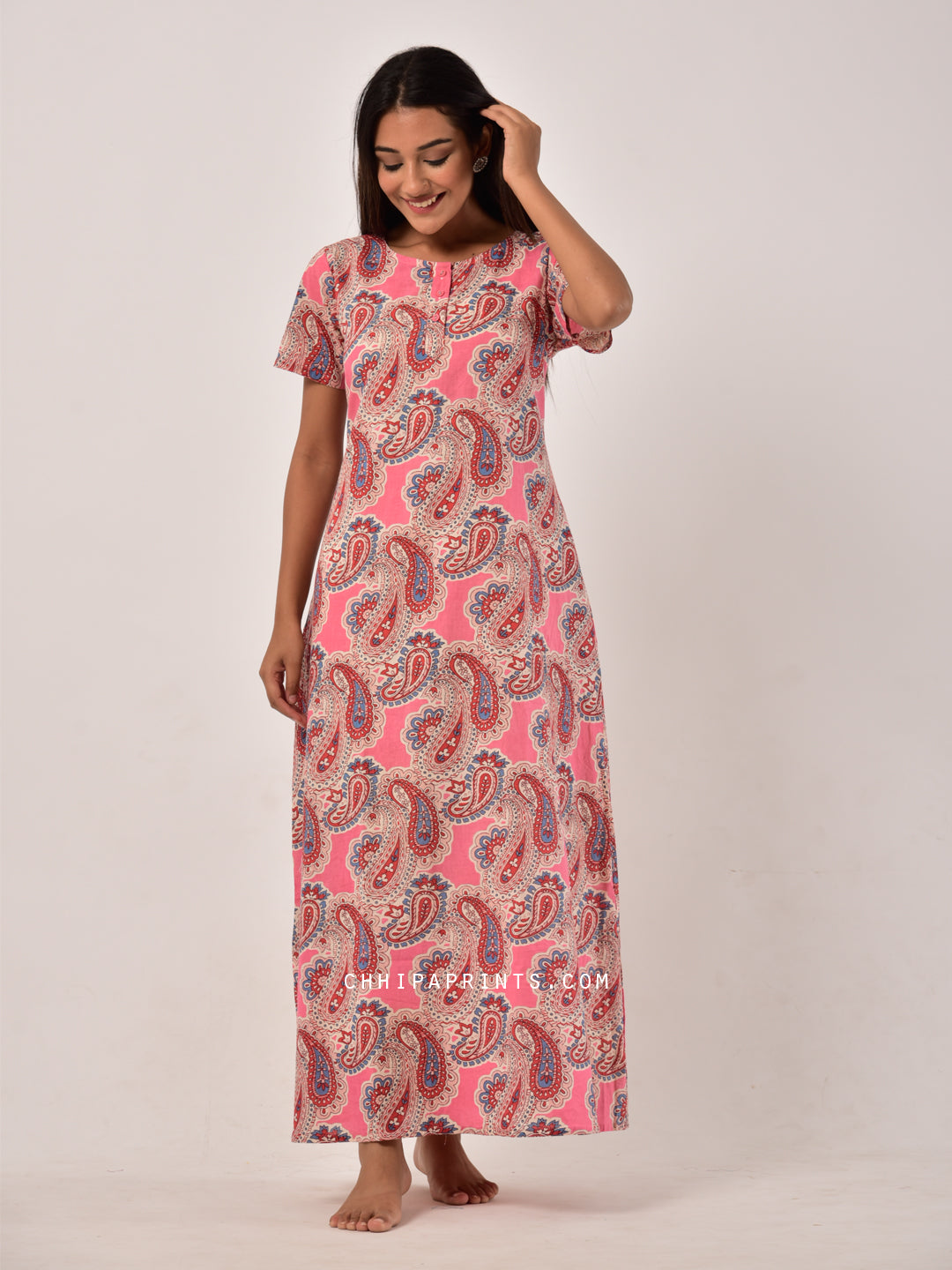 Cotton Paisley Night Gown in Pink