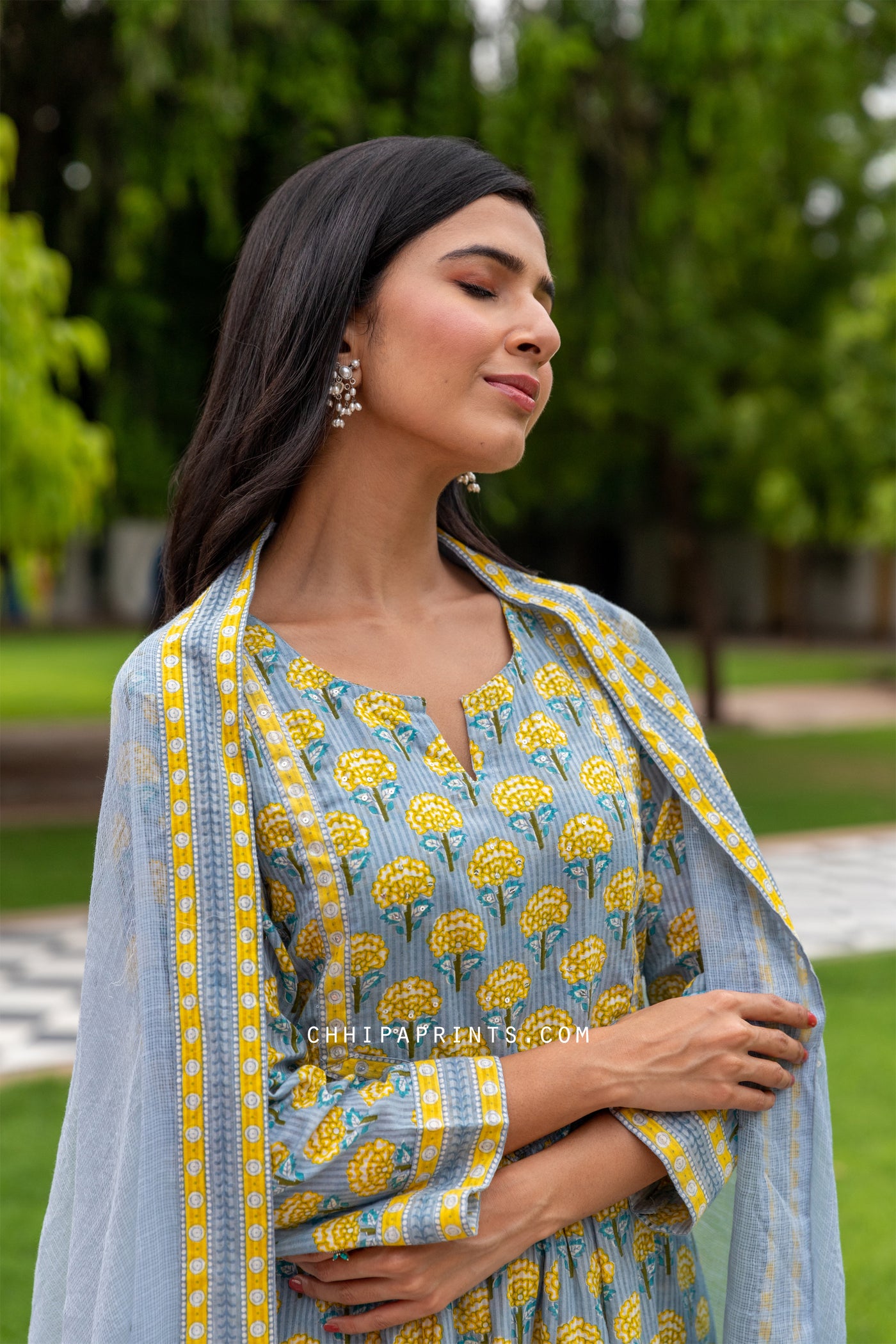 Cotton Marigold Buti Print Suit Set in Shades of Gray & Yellow