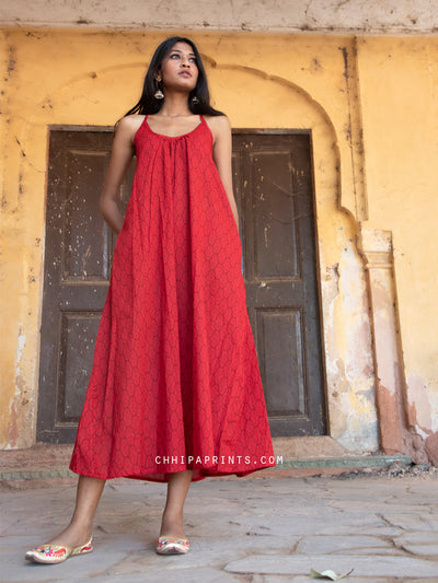 Cotton Morea Sun Dress in Red Print