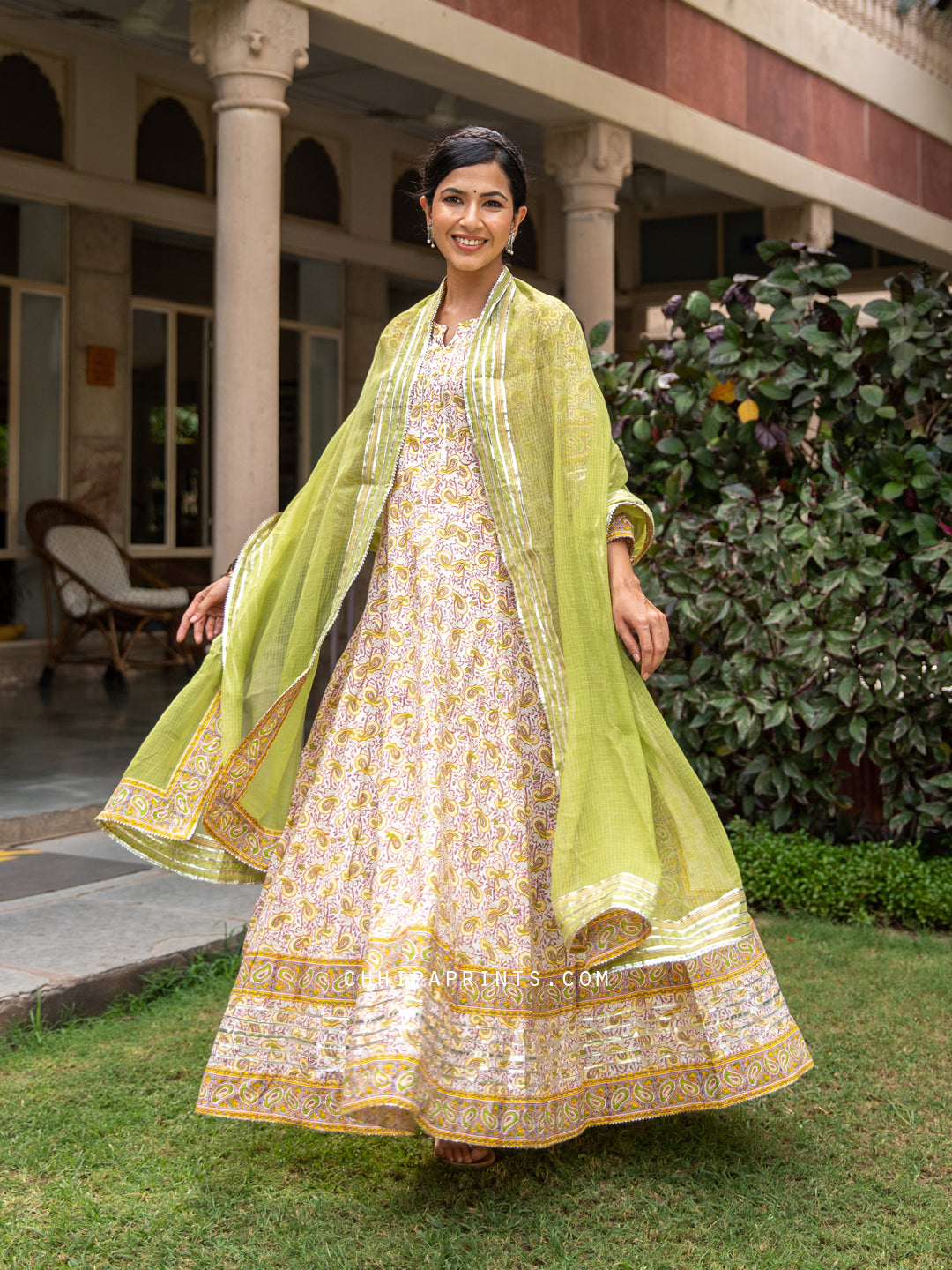 Cotton Paisley Print Anarkali Dress with Dupatta