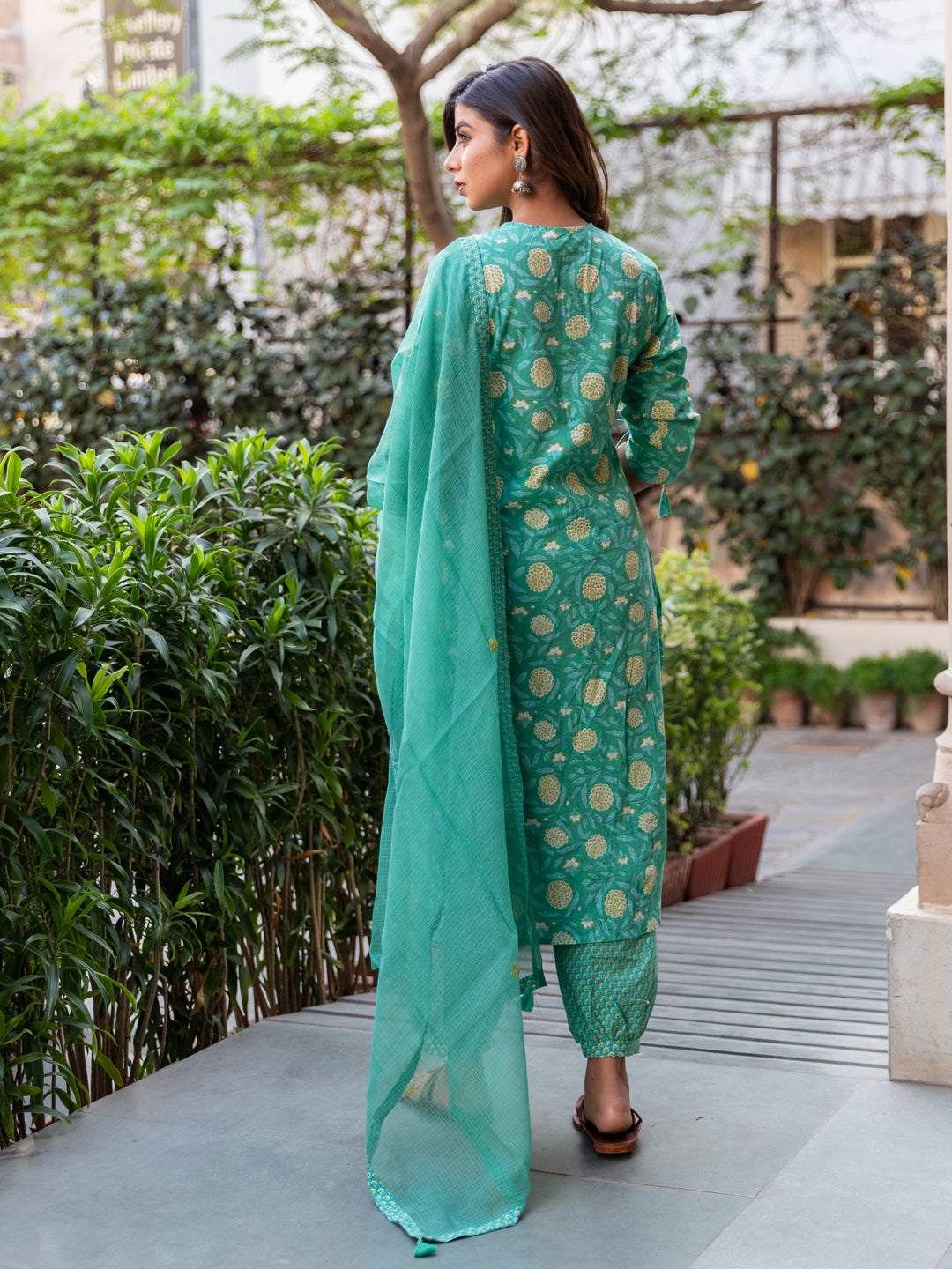 Cotton Jaal Print V Neck Gather Suit Set in Emerald