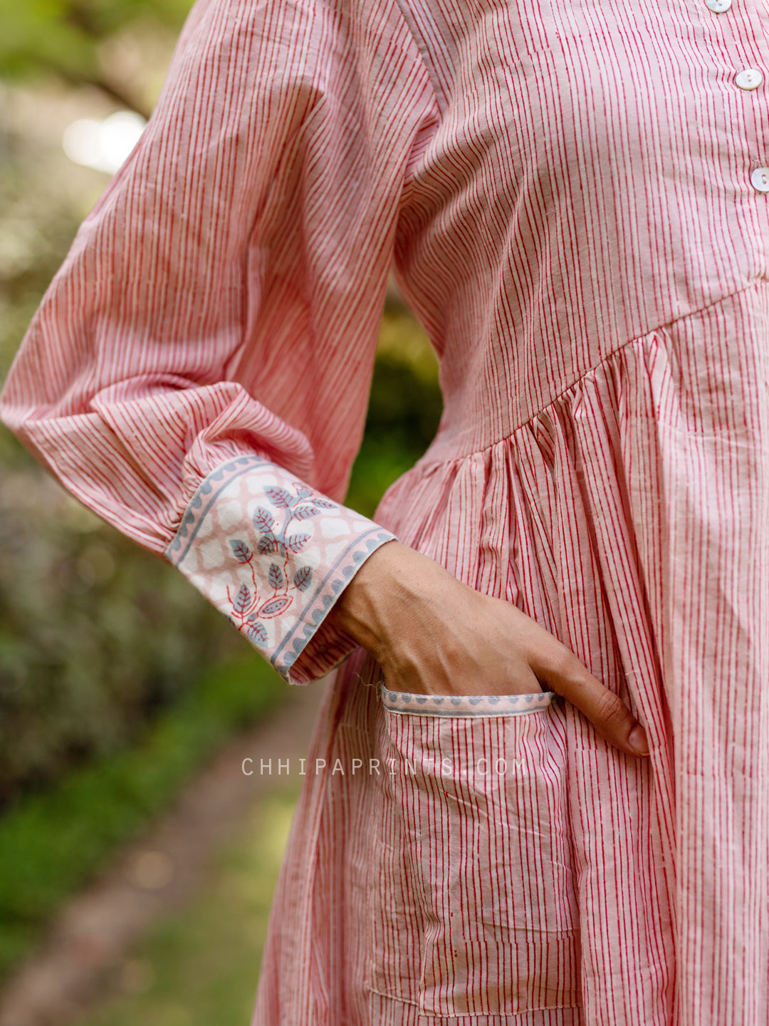 Cotton Stripes Gather Pocket Dress Pink