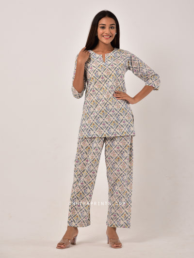 Cotton Night Suit Set in Multicolor Floral with Eye Mask