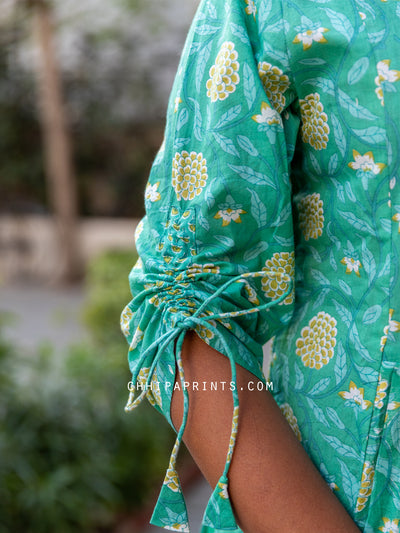 Cotton Jaal Print V Neck Gather Suit Set in Emerald