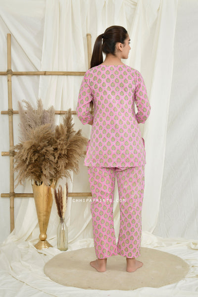 Cotton Buti Print Night Suit with Eye Mask in Pink