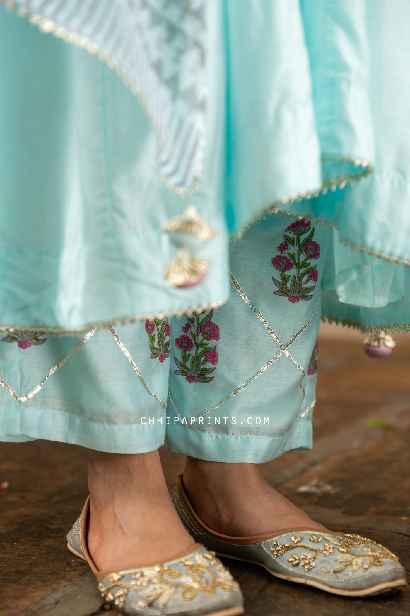 Cotton Silk Matka Anarkali Suit Set in Aqua Blue