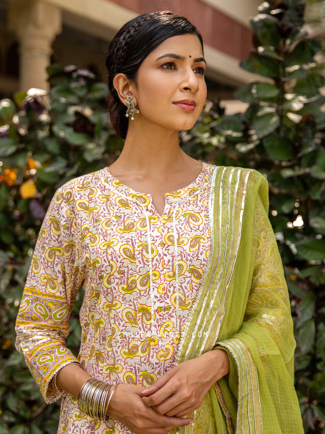 Cotton Paisley Print Anarkali Dress with Dupatta