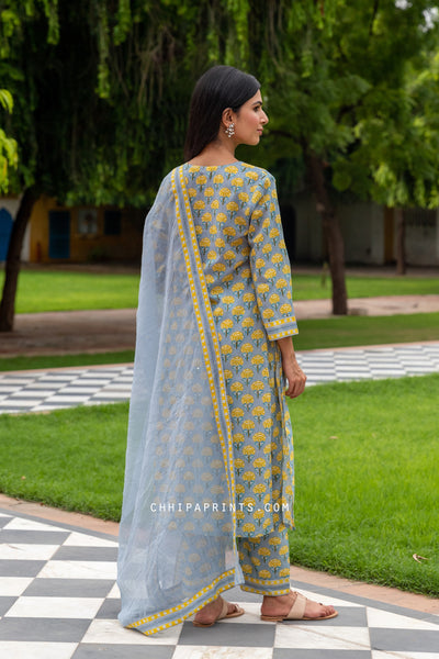 Cotton Marigold Buti Print Suit Set in Shades of Gray & Yellow
