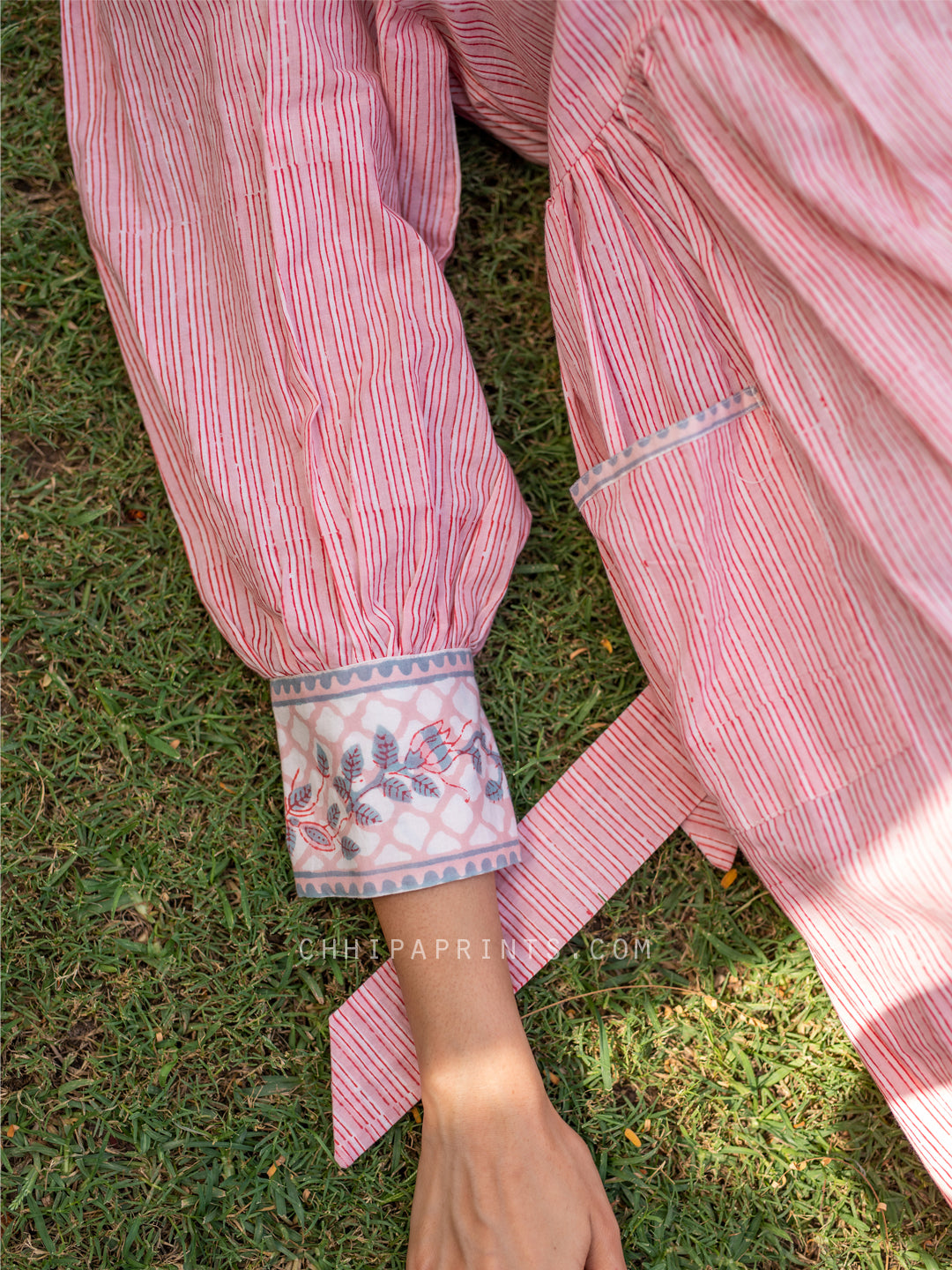Cotton Stripes Gather Pocket Dress Pink