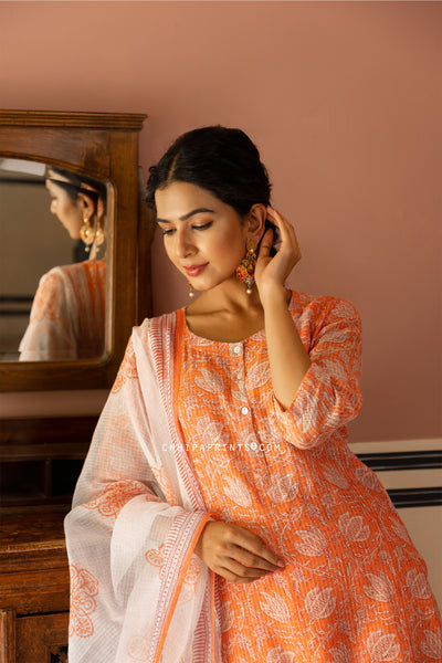 Cotton Dobby Gud Jaal Suit Set in Peach