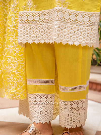 Cotton Boota Embroidery Suit Set in Lemon Yellow
