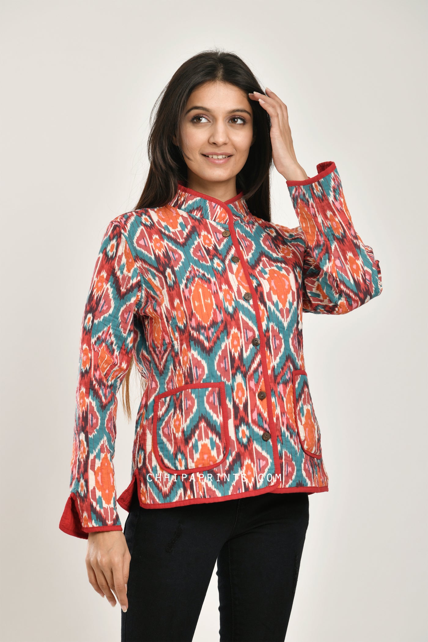 Cotton Quilted Jacket in Red Ikat
