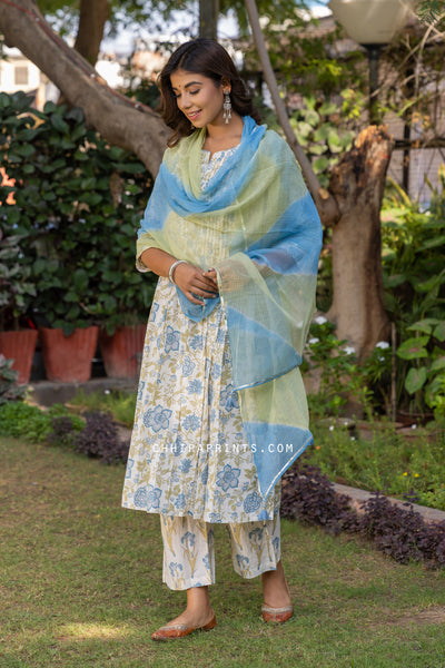 Cotton Shell Tuck Jaal Suit Set in Classic Blue