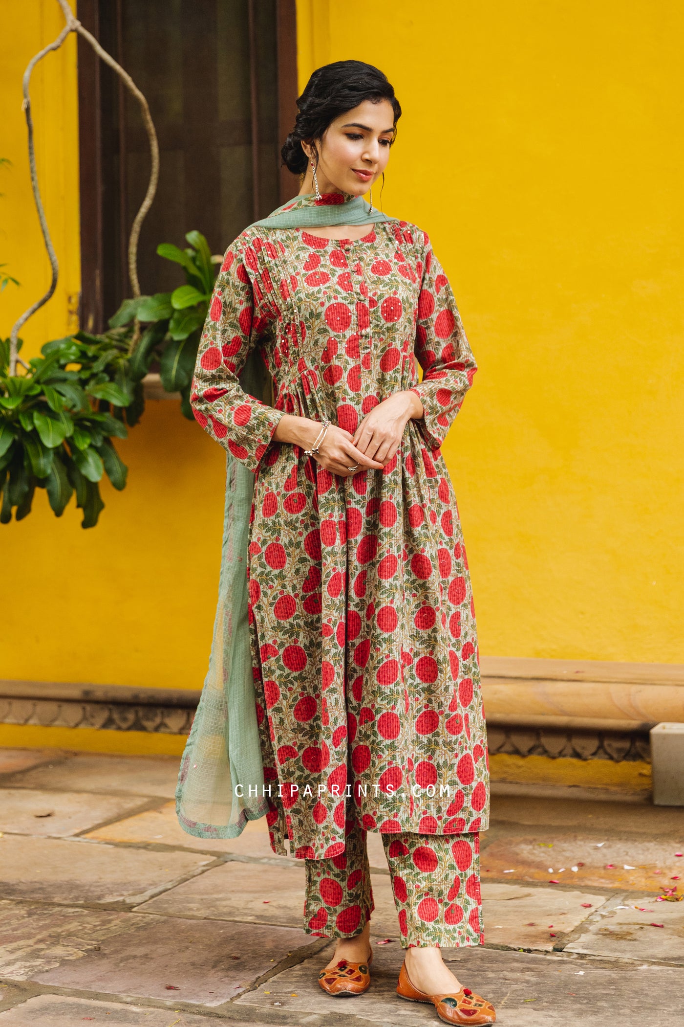 Cotton Mughal Jaal Print Suit Set in Matte Green