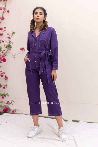 Cotton Top Stitch Plain Dye Jumpsuit in Deep Purple