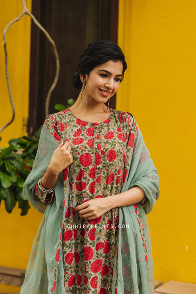 Cotton Mughal Jaal Print Suit Set in Matte Green