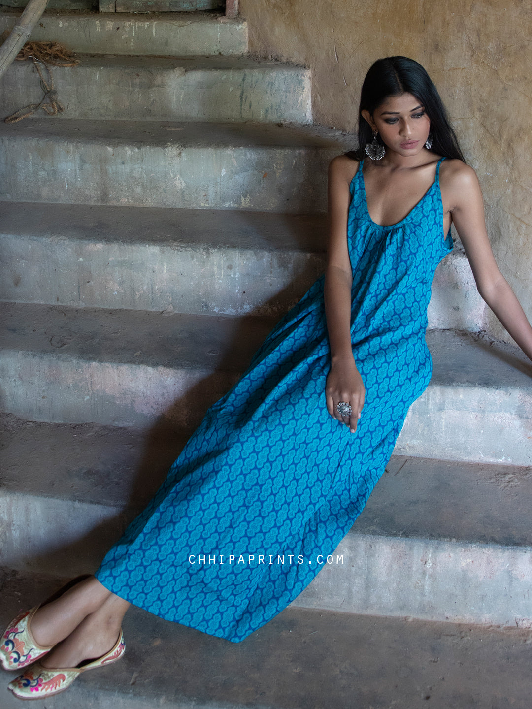 Cotton Morea Sun Dress in Blue Print