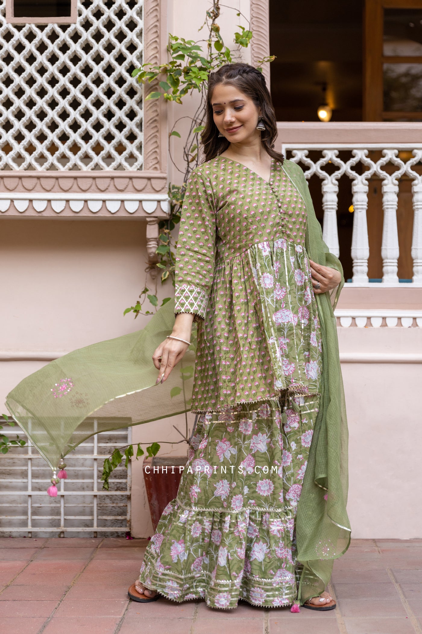 Cotton Jaal and Buti Print Gharara Set in Olive Green