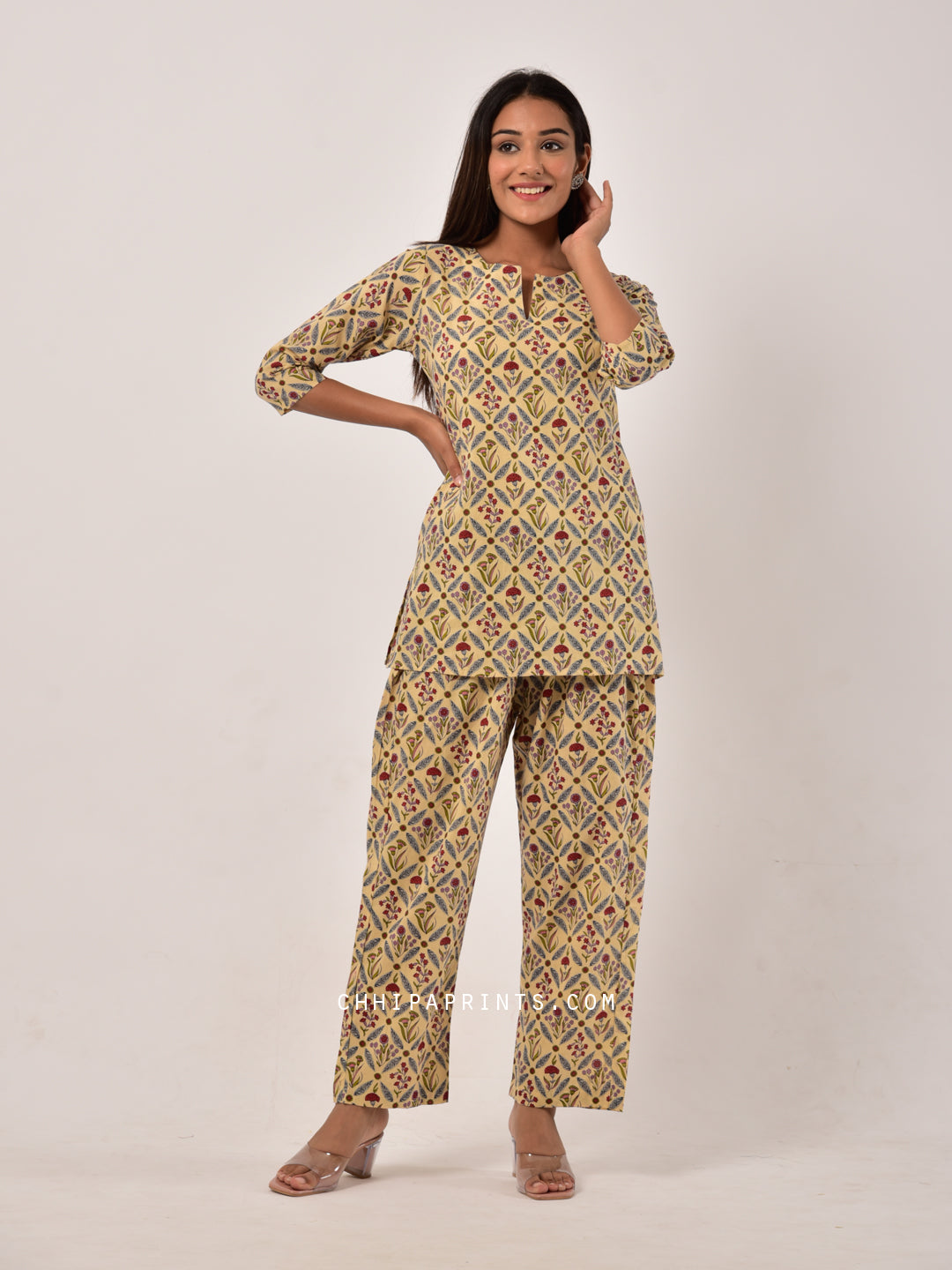 Cotton Night Suit Set in Beige Floral with Eye Mask
