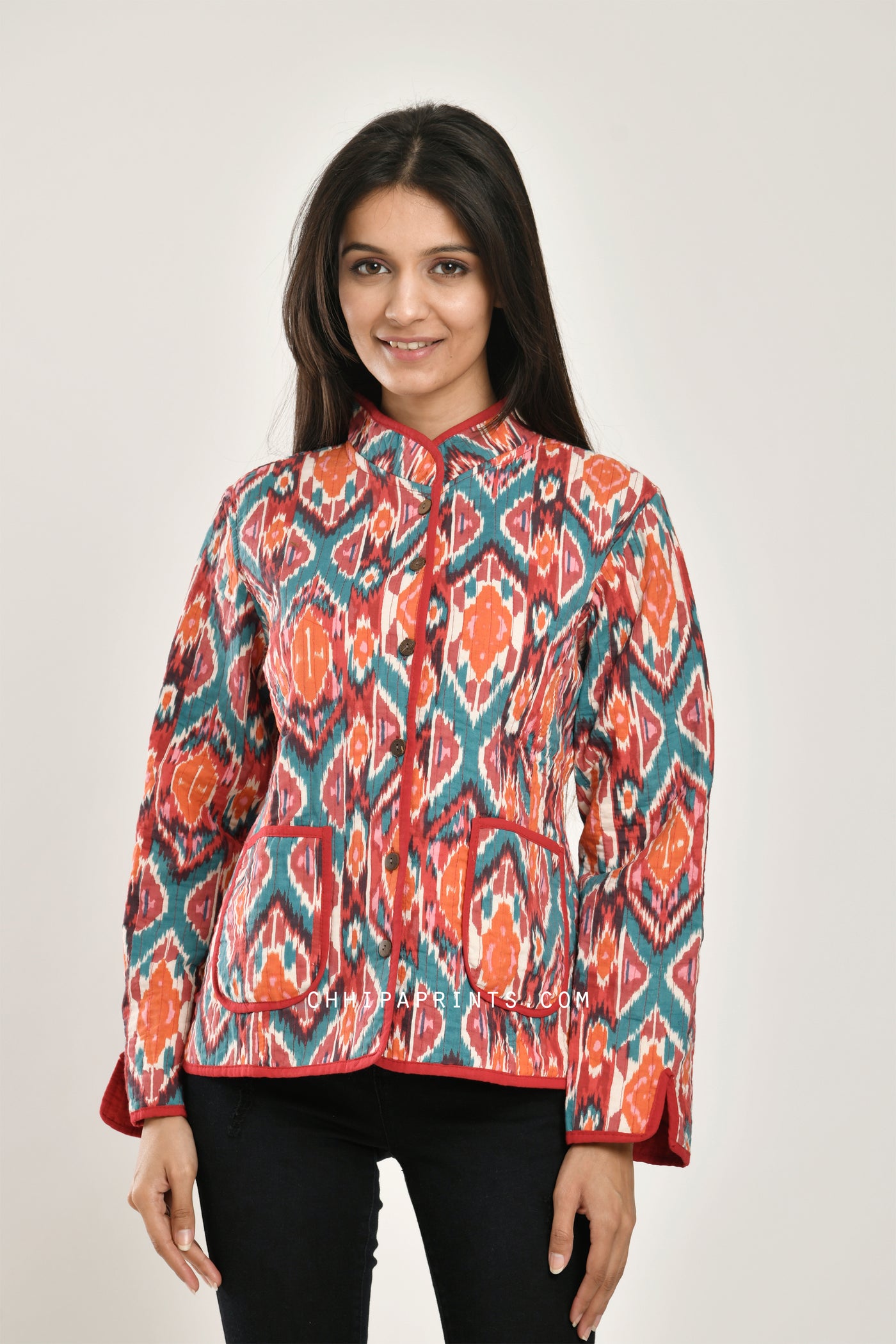 Cotton Quilted Jacket in Red Ikat