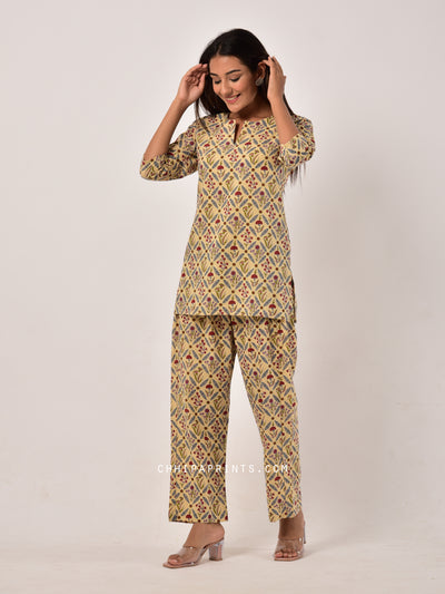 Cotton Night Suit Set in Beige Floral with Eye Mask