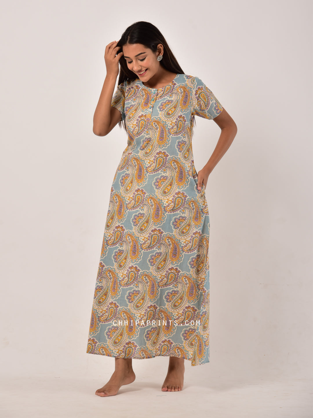 Cotton Paisley Night Gown in Teal Grey
