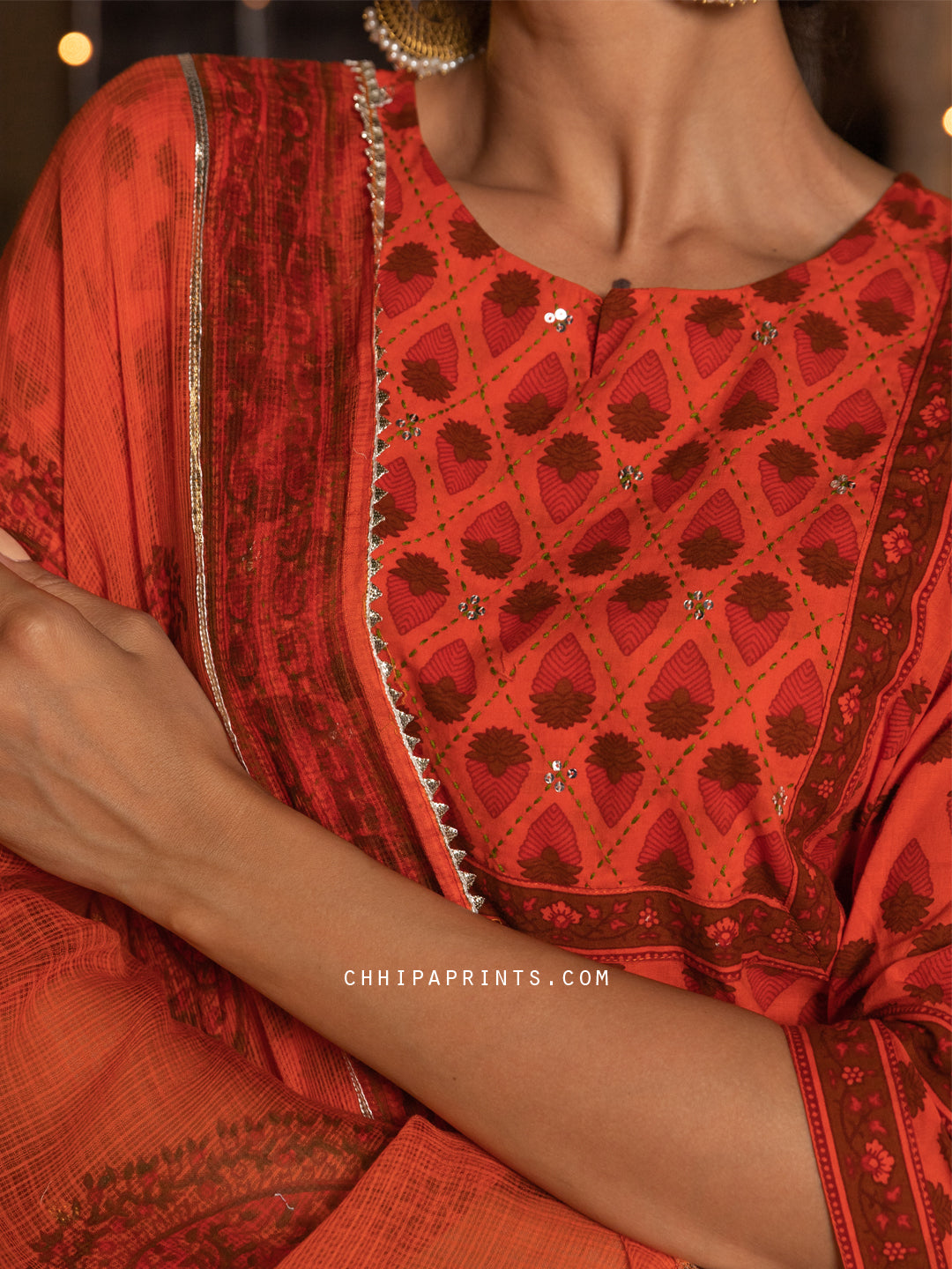 Cotton Open Buti Suit Set in Orange from Utsav Collection