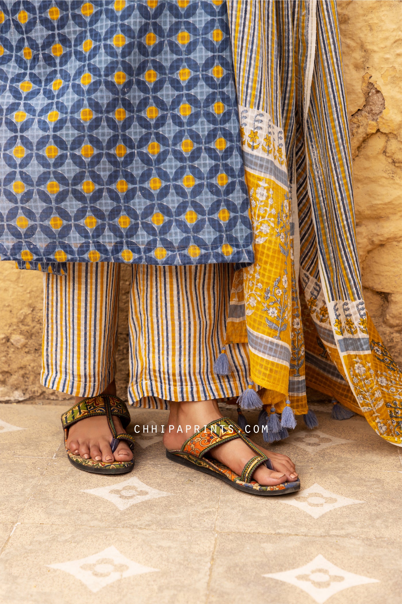 Cotton Dobby Appliq Print Suit Set in Shades of Grey and Mustard