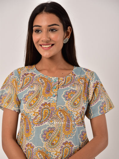 Cotton Paisley Night Gown in Teal Grey