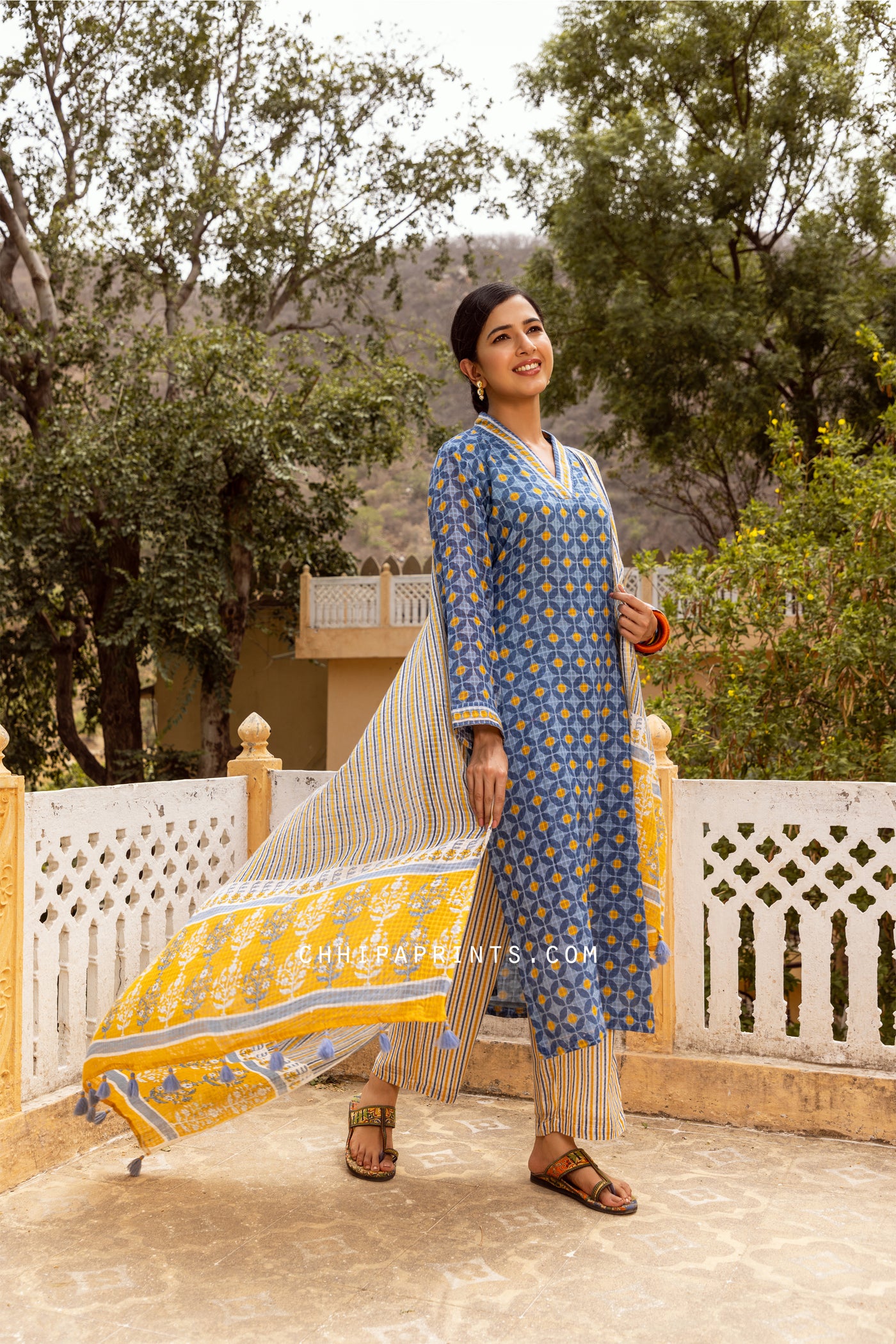Cotton Dobby Appliq Print Suit Set in Shades of Grey and Mustard