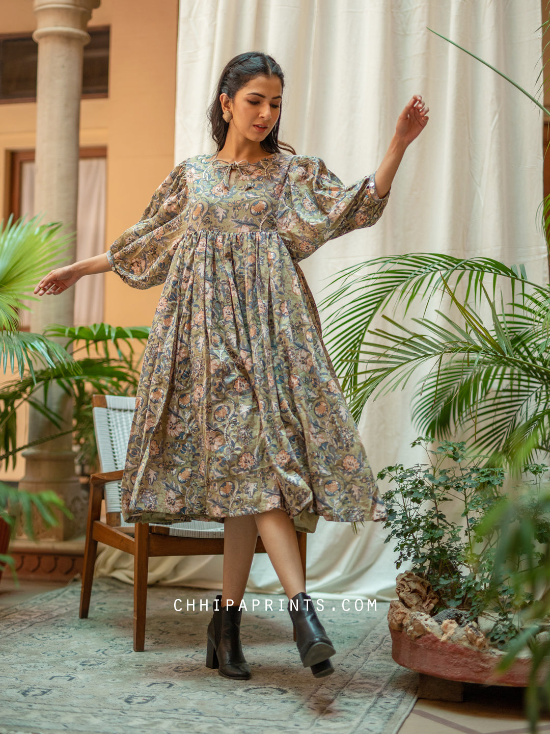 Cotton Gather Midi Dress in Floral Jaal Olive Green