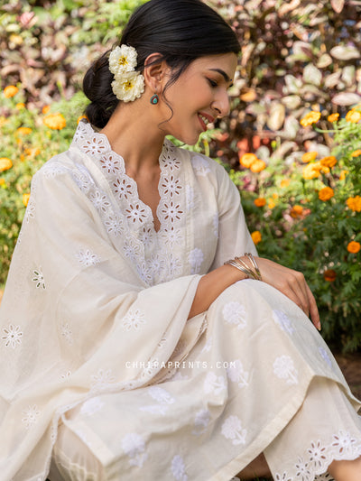 Cotton V Neck Cutwork Embroidery Suit Set in Ivory