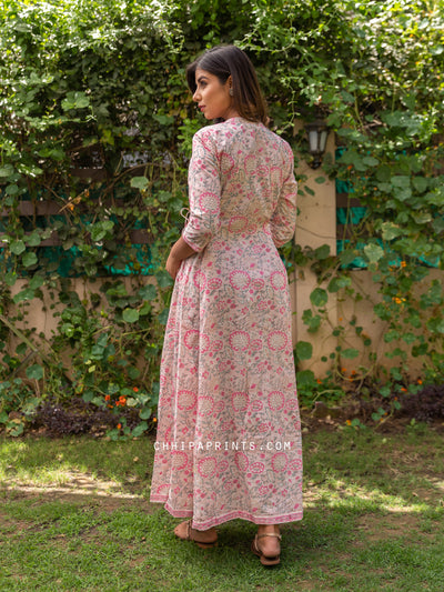 Cotton Floral Jaal Printed Gown in Pink