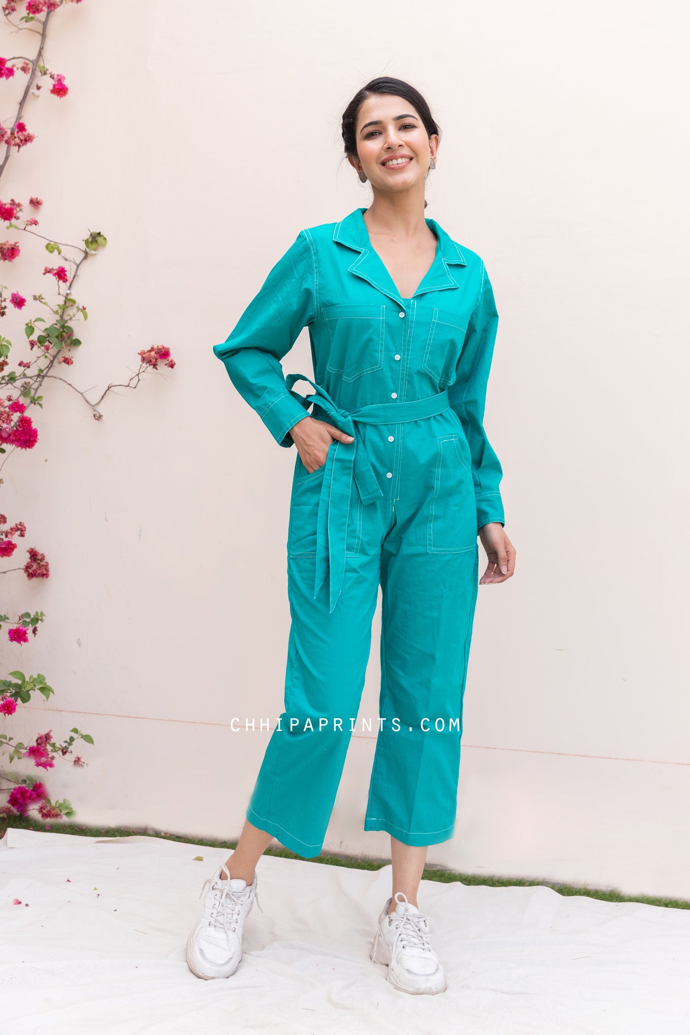 Cotton Top Stitch Plain Dye Jumpsuit in Turquoise