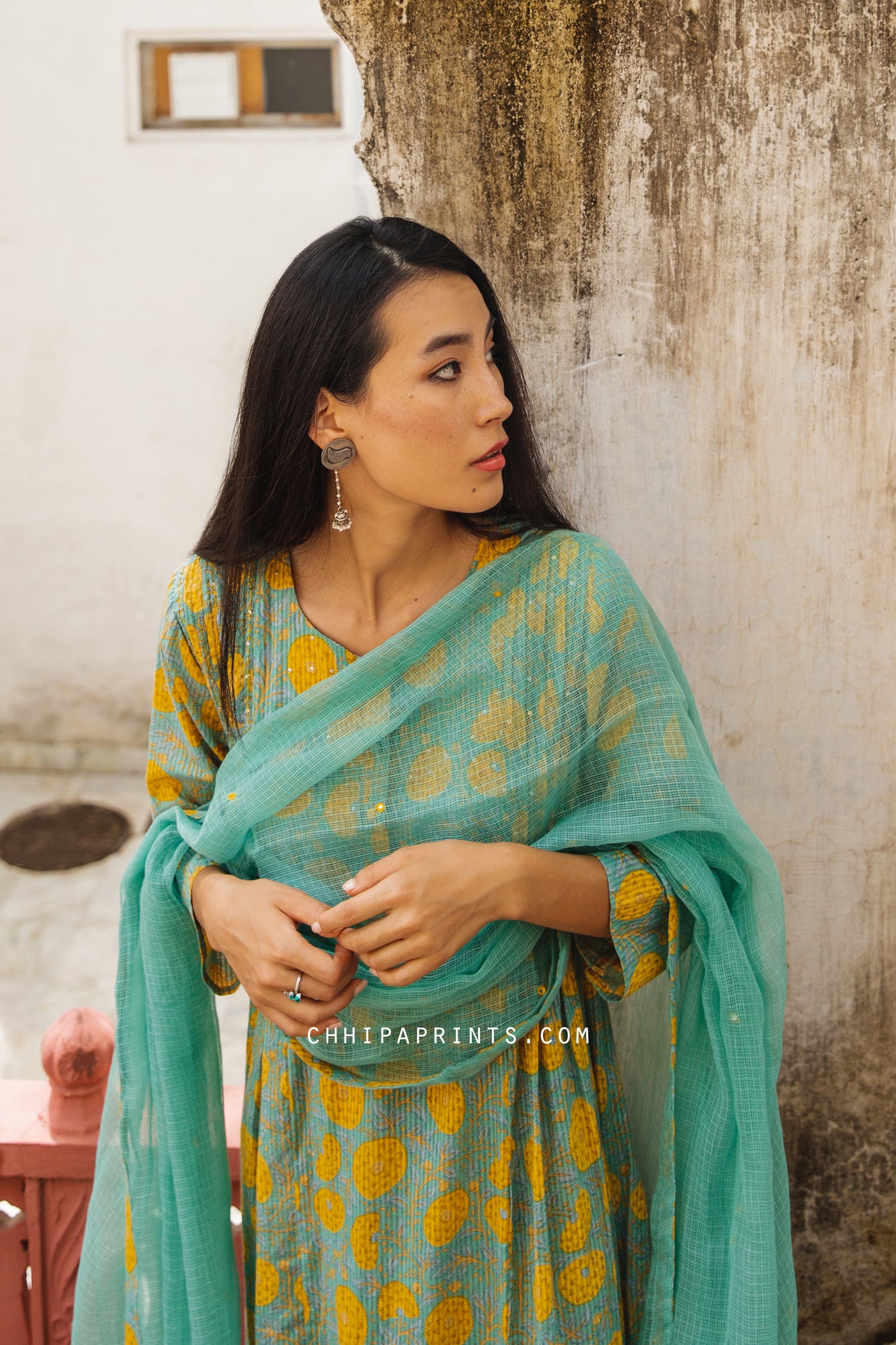 Cotton Mughal Jaal Print Suit Set in Aqua Grey