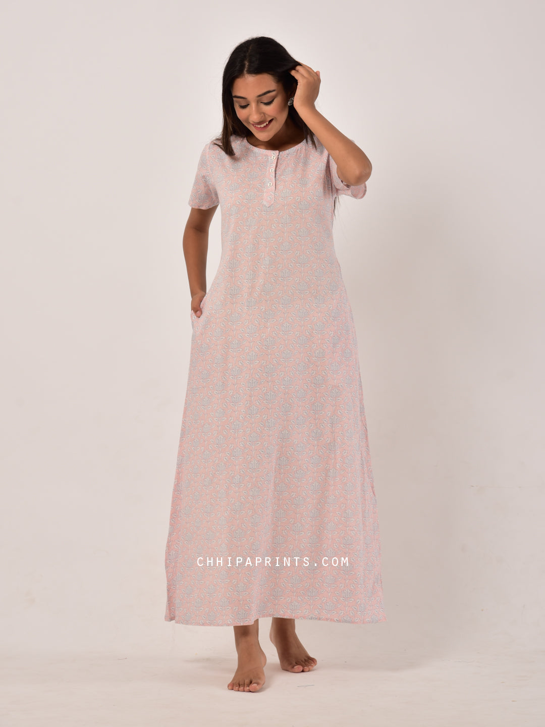 Cotton Lotus Jaal Night Gown in Misty Pink