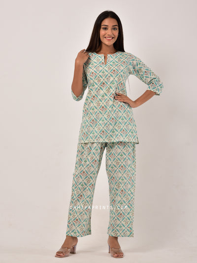 Cotton Night Suit Set in Sea Green Floral with Eye Mask