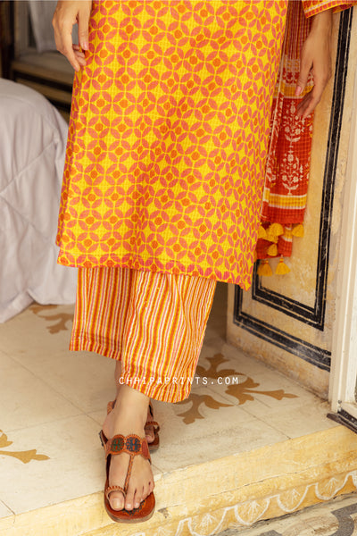 Cotton Dobby Appliq Print Suit Set in Shades of Yellow and Orange