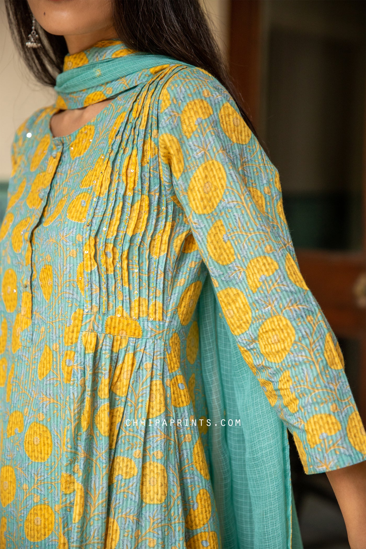 Cotton Mughal Jaal Print Suit Set in Aqua Grey