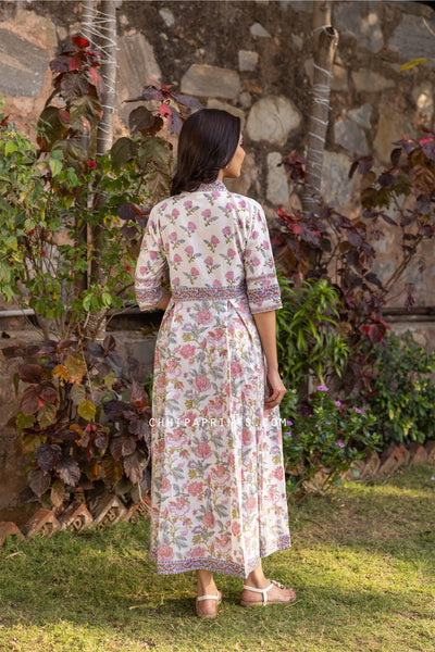 Cotton Block Printed Ankle Length Dress in Candy Pink