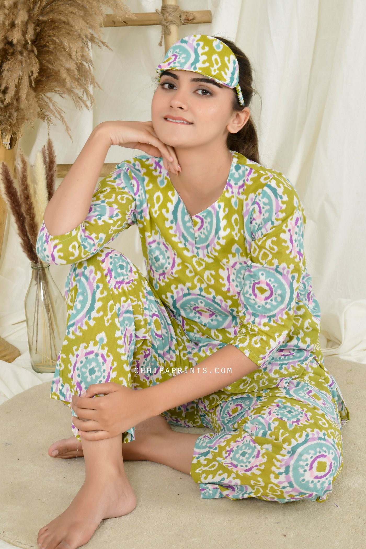 Cotton Ikat Print Night Suit with Eye Mask in Lime Green