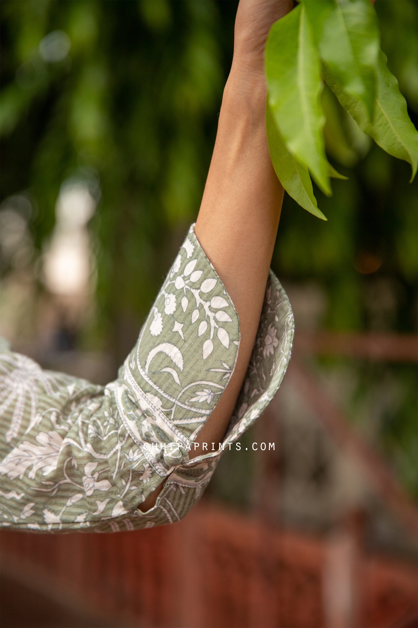 Cotton V Neck Palm Jaal Suit Set in Sage Green