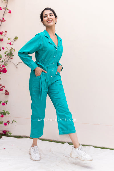 Cotton Top Stitch Plain Dye Jumpsuit in Turquoise