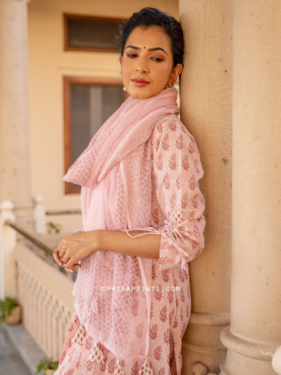 Cotton V Neck Gather Buti Kurta Suit Set in Powder Pink