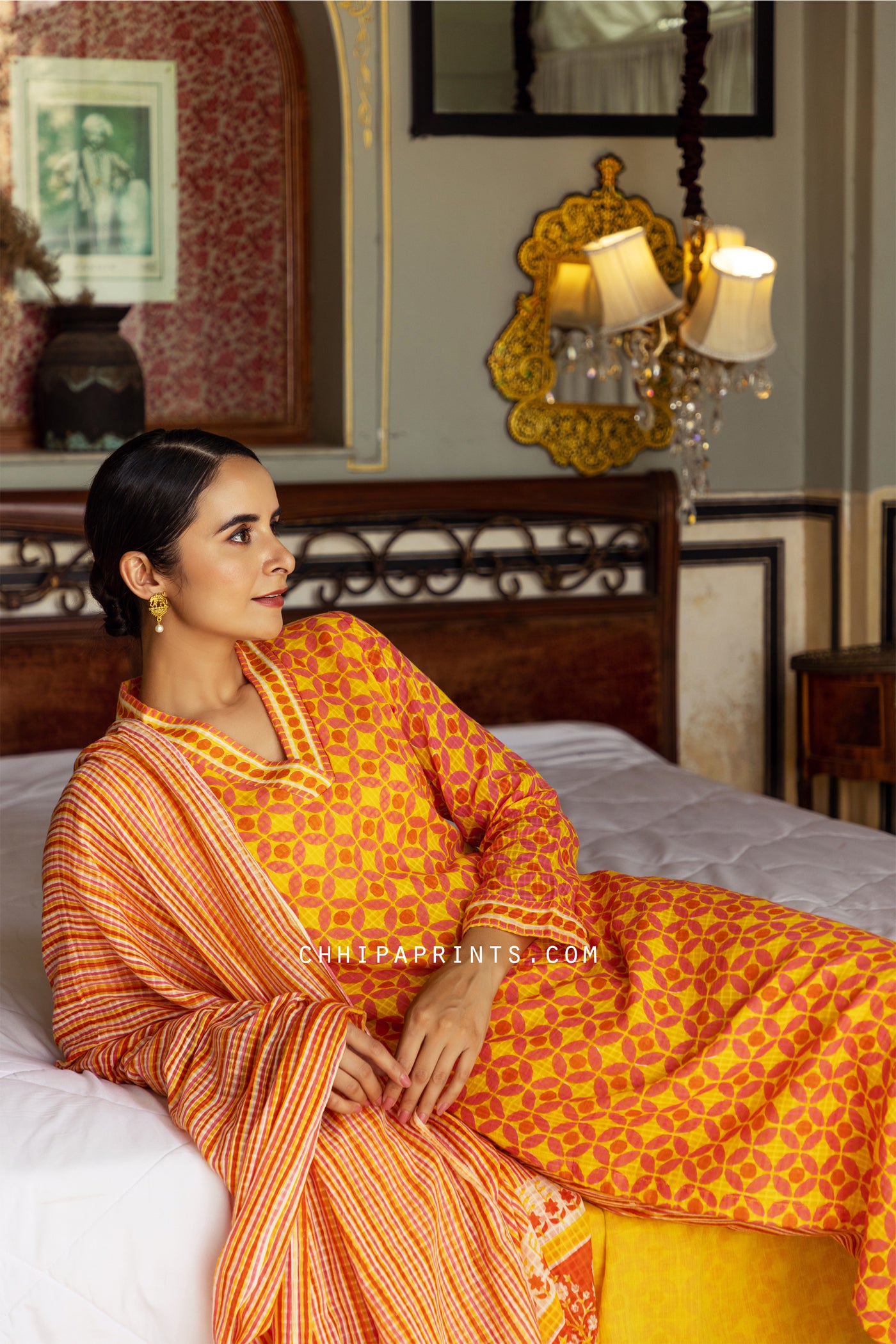 Cotton Dobby Appliq Print Suit Set in Shades of Yellow and Orange